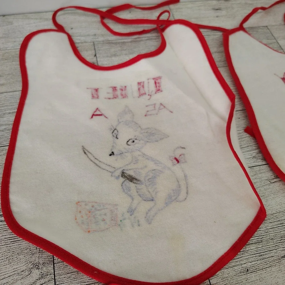 Vintage Baby Bibs Set‎ of 4 Animal Designs Red Trim Funny Cute Mouse Kitten Bear